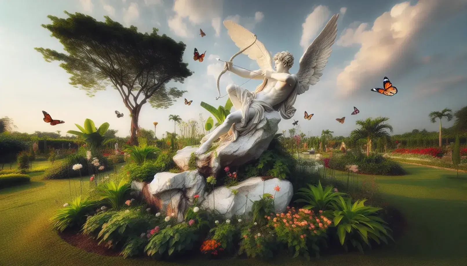 Scultura in marmo bianco di Eros con ali spiegate, arco e freccia, seduto su roccia in giardino rigoglioso con fiori colorati e farfalle.