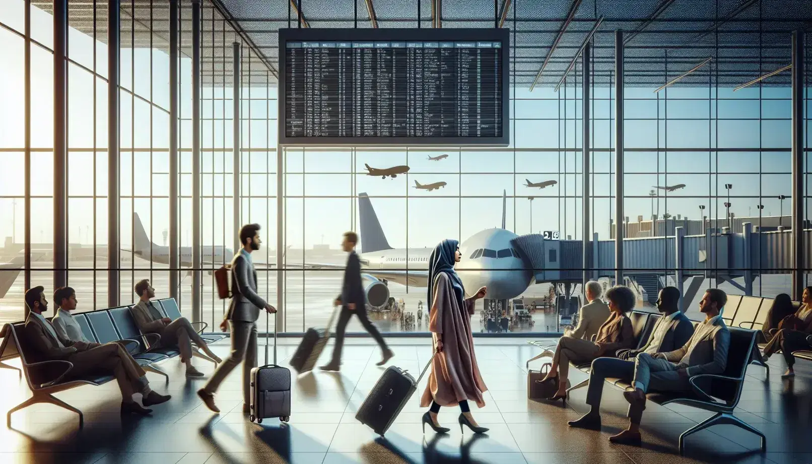 Diverse travelers at an airport terminal with a woman pulling a suitcase, a man seated with luggage, and a blank flight information board.
