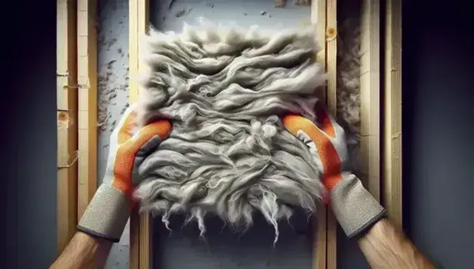 Close up of gray mineral wool insulation with woven fibers, hands in orange gloves installing it between wooden posts, blue blurred background.