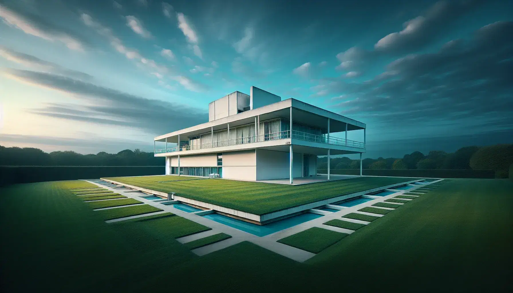 Villa Savoye di Le Corbusier a Poissy, Francia, con colonne sottili, linee geometriche, in bianco su prato verde sotto cielo azzurro.
