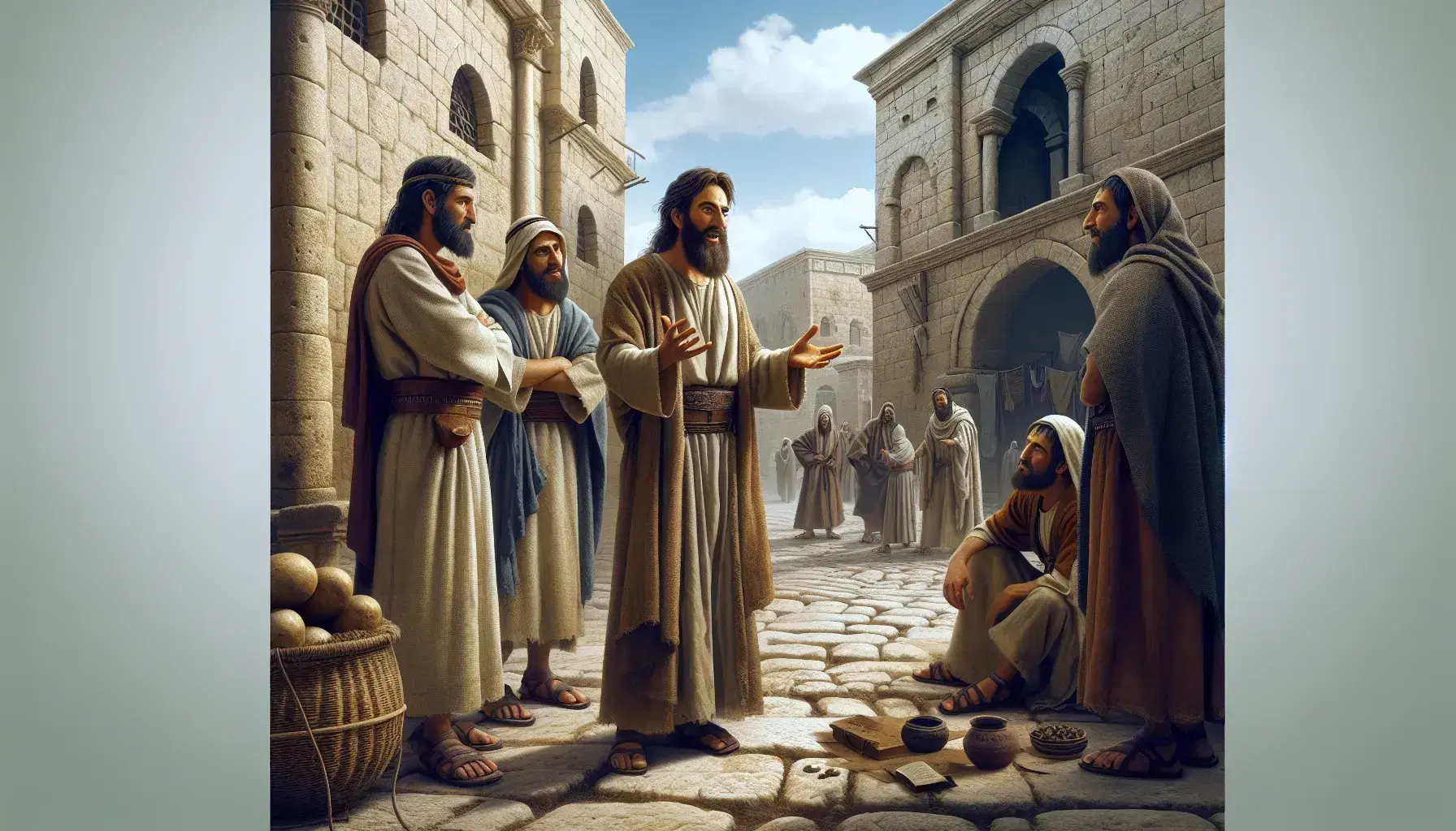Scena storica su strada acciottolata con tre uomini in tuniche che discutono, architettura romana-giudaica sullo sfondo, oggetti antichi in primo piano.