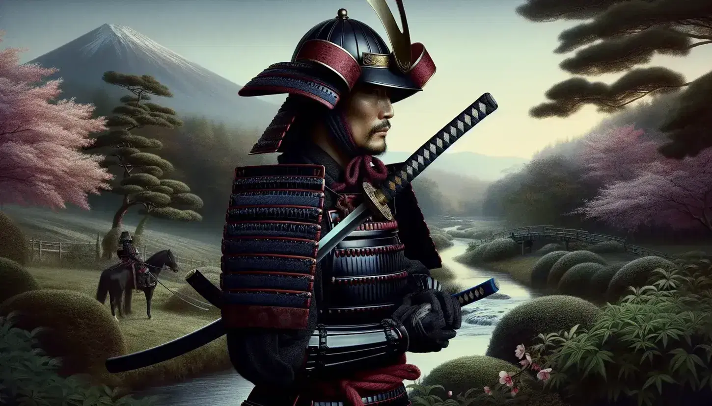 Samurai warrior in traditional armor with a gold crescent helmet, holding a katana, stands before a serene Japanese landscape with cherry blossoms.