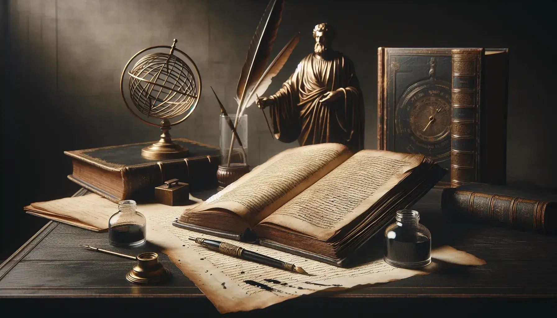 Scrivania d'epoca con libro antico aperto, calamaio con penna d'oca, sfera armillare in ottone e statuetta di filosofo in bronzo.