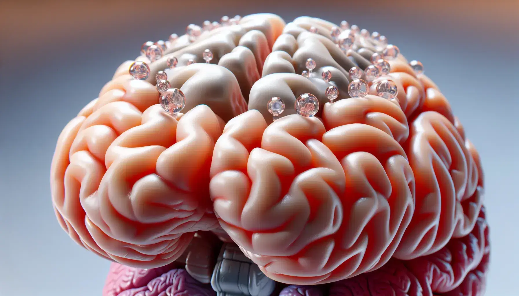 Detailed anatomical model of human brain with transparent figures of neurotransmitters in a defocused laboratory, reflecting neurological research.