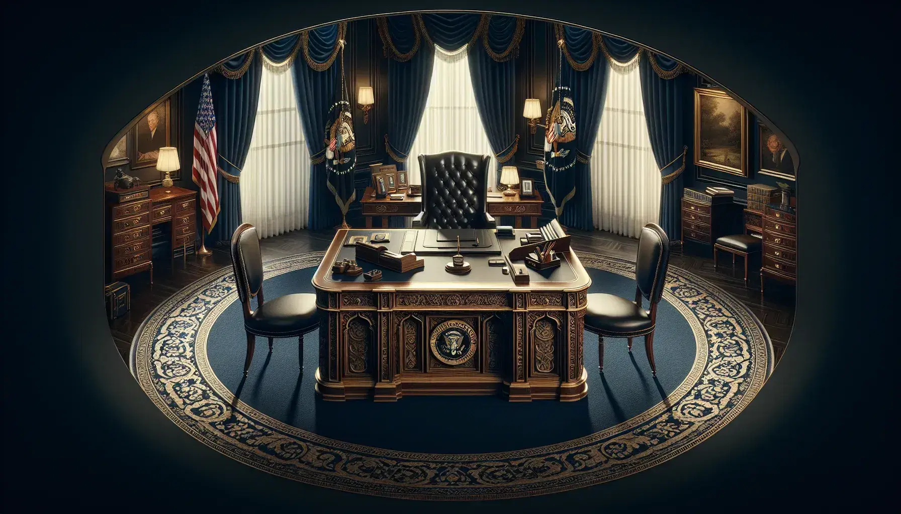 Elegant oval office with Resolute desk, leather chair, blue patterned carpet, two flags, and art-adorned walls, exuding a formal ambiance.