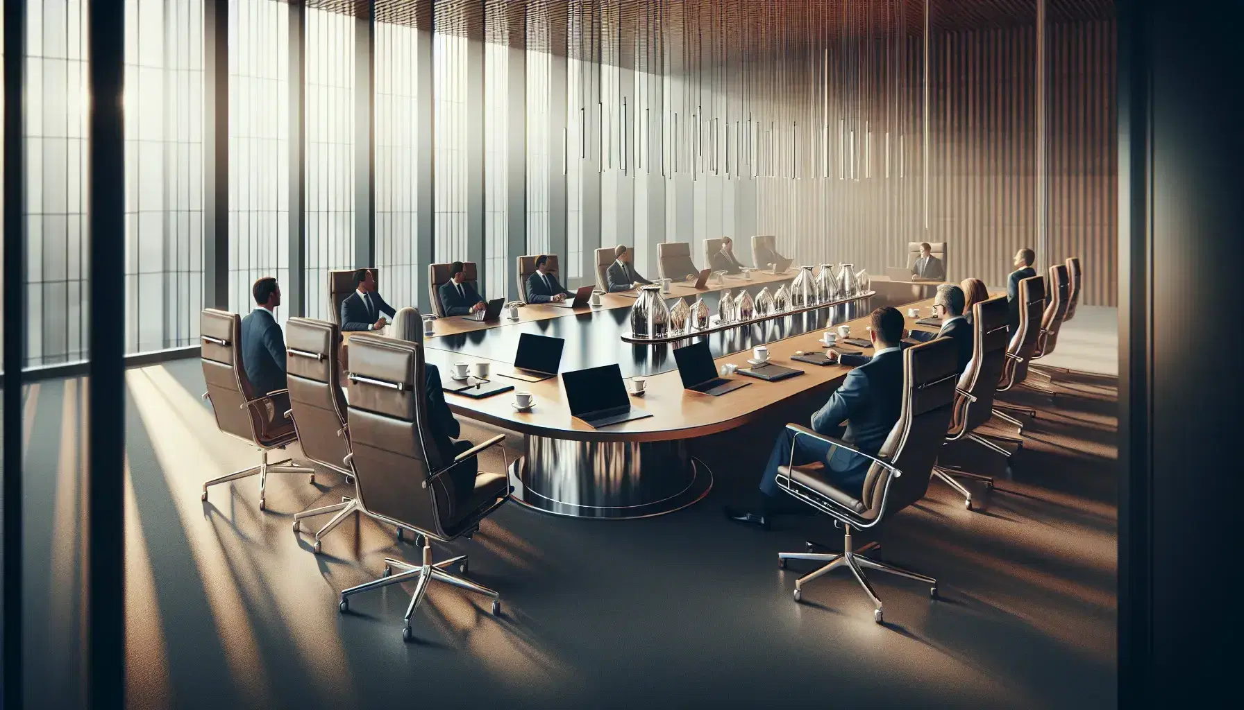 Modern boardroom with oval wooden table, high-back leather chairs, laptops, water pitchers, and coffee mugs, bathed in natural light from tall windows.