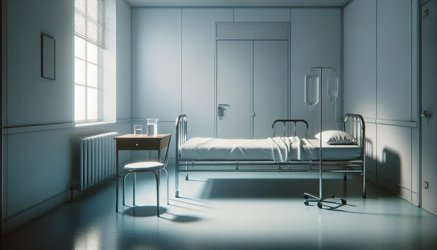 Aseptic hospital room with metal bed, white sheets, small table with glass of water and jug, chair with blue cushion, closed door.