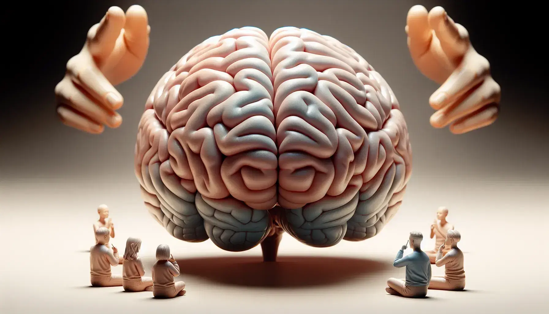 Detailed model of human brain flanked by hands making signs and attentive multi-ethnic children, on neutral background.
