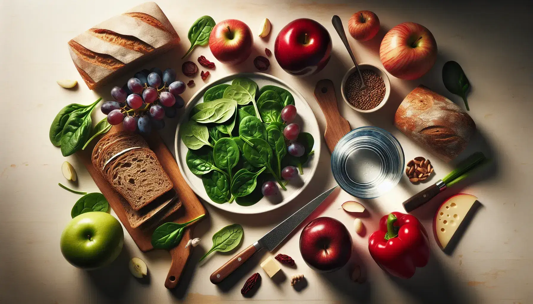 Mesa de madera clara con alimentos frescos, plato con espinacas, uvas rojas, manzana roja, vaso de agua, cuchillo, pan integral y queso amarillo.