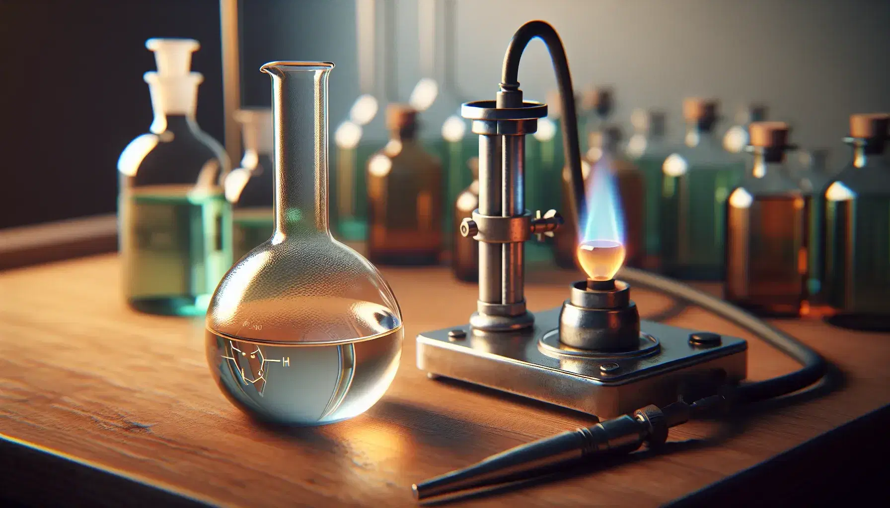 Glass flask on laboratory bench with amber liquid heated by lit Bunsen burner, reagent bottles in background.