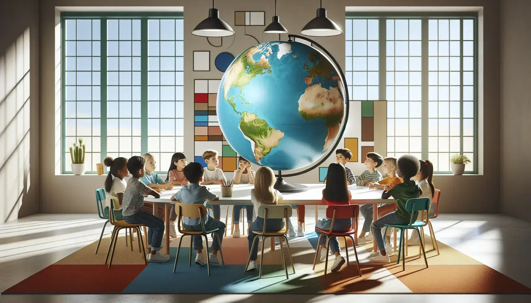 Niños de diversas etnias interactuando con un globo terráqueo en una aula iluminada por luz natural, con plantas y una estantería de libros al fondo.