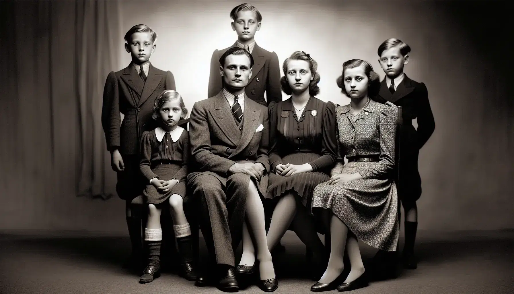 1930s German family portrait, parents seated with three children standing behind, dressed in period attire, serious expressions, plain backdrop.