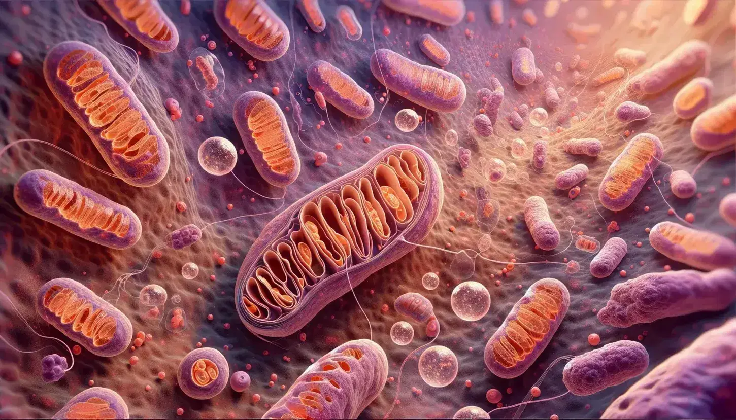 Mitochondri a forma ovale con membrane interne ripiegate in creste all'interno di una cellula, colori rosa e viola, senza testo.