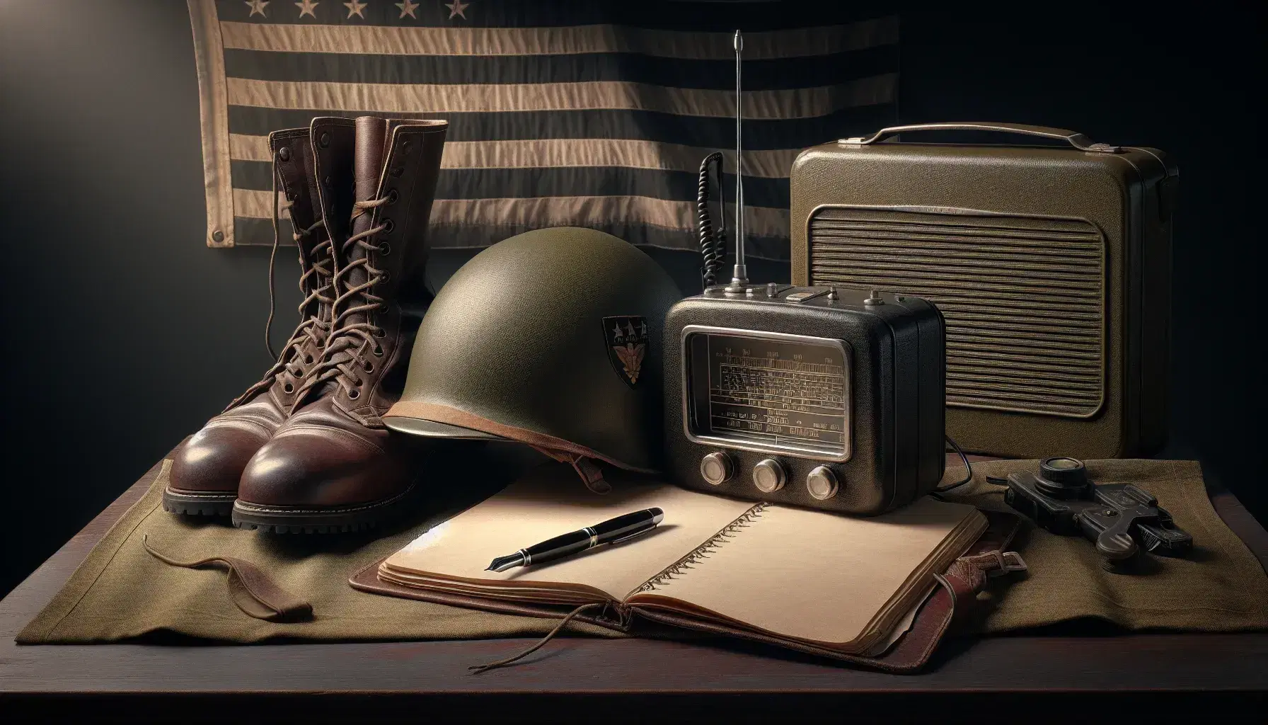 Casco militar de la Segunda Guerra Mundial en verde oliva, radio de campo, botas de cuero marrón y bandera a rayas junto a pluma y cuaderno en mesa de madera.