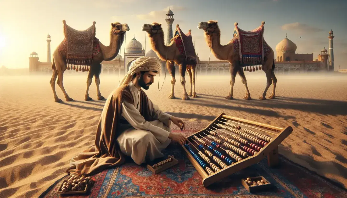 Hombre de Medio Oriente calculando con ábaco en alfombra persa, con camellos y ciudad con arquitectura islámica al fondo.