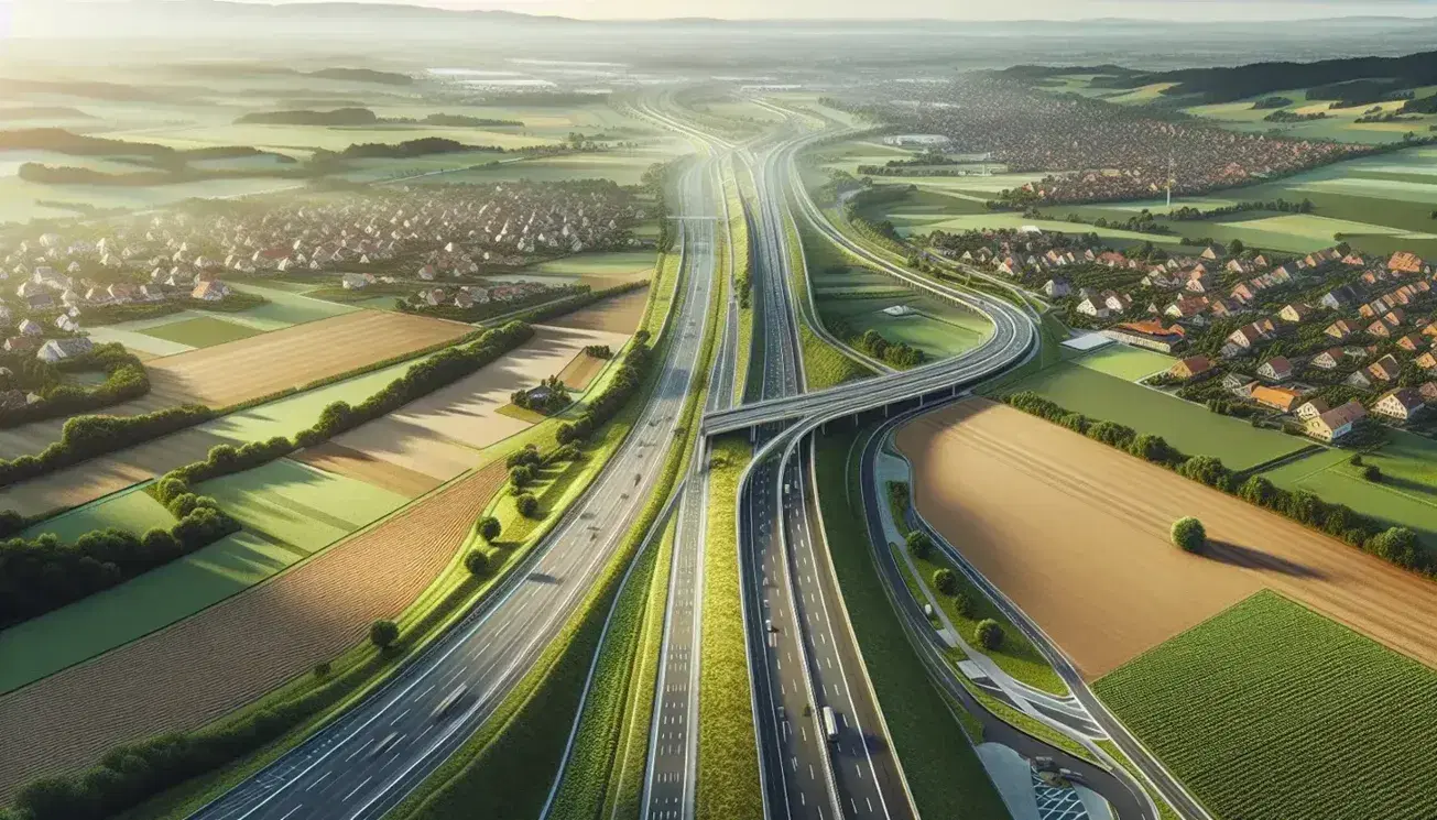 Vista aerea di un'autostrada che serpeggia in un paesaggio verde con strada secondaria, campi coltivati e zona urbana sullo sfondo sotto un cielo azzurro.