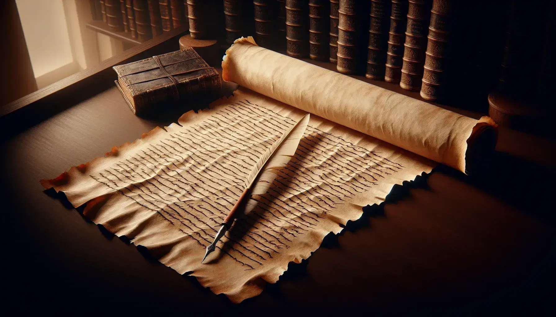 Pergamena antica parzialmente srotolata su tavolo scuro con penna d'oca accanto e sfondo sfocato di libreria con volumi in pelle.