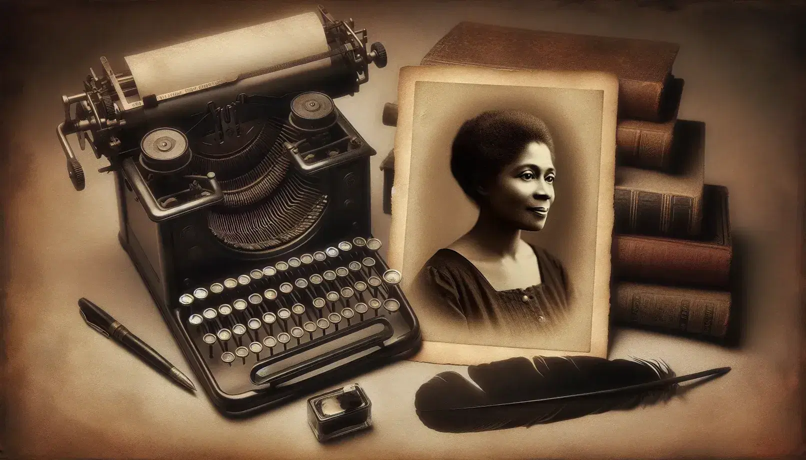 Vintage black-and-white photo of a thoughtful African-American woman, surrounded by a typewriter, stacked books, quill, and inkwell on a sepia background.