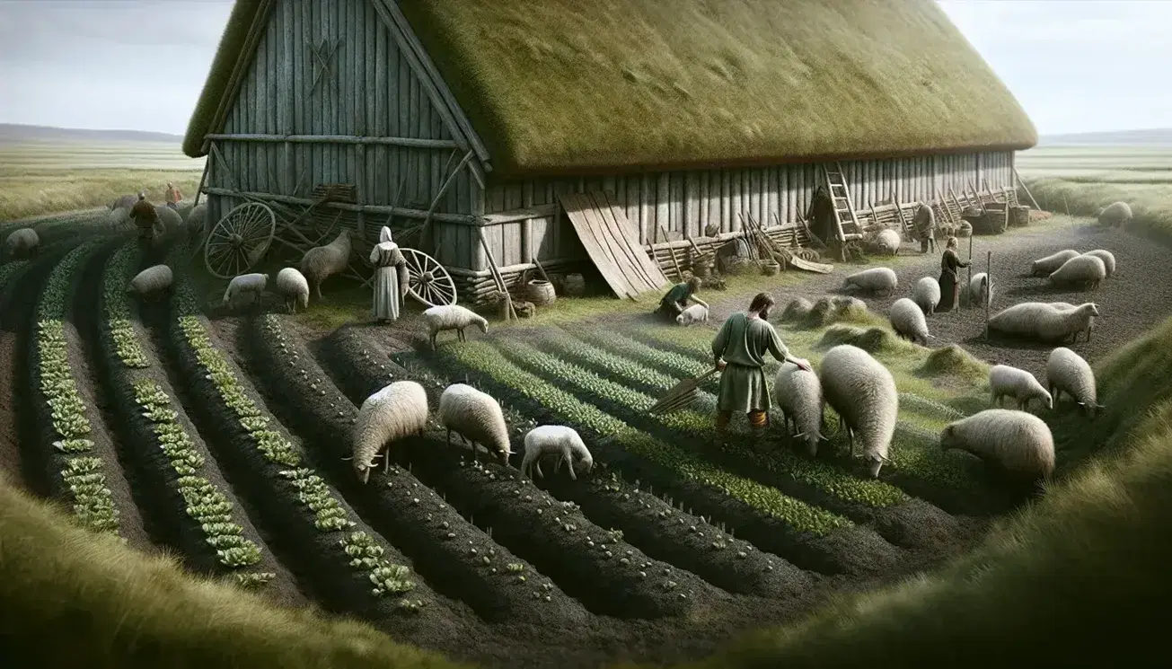 Reconstructed Viking longhouse with turf roof, wooden walls, and people in period attire farming and tending livestock in a rural setting.
