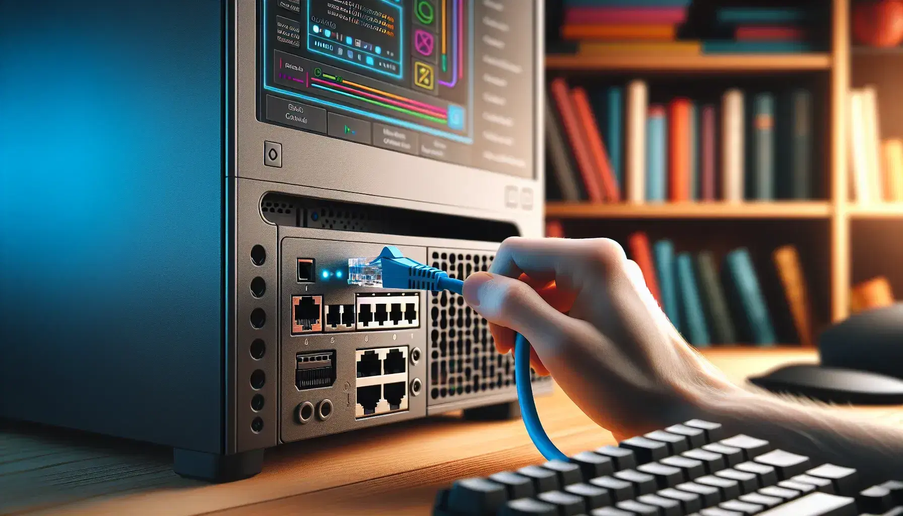 Mano conectando cable Ethernet azul a puerto de ordenador negro con estantería de libros y pantalla de interfaz gráfica en el fondo, teclado parcialmente visible.