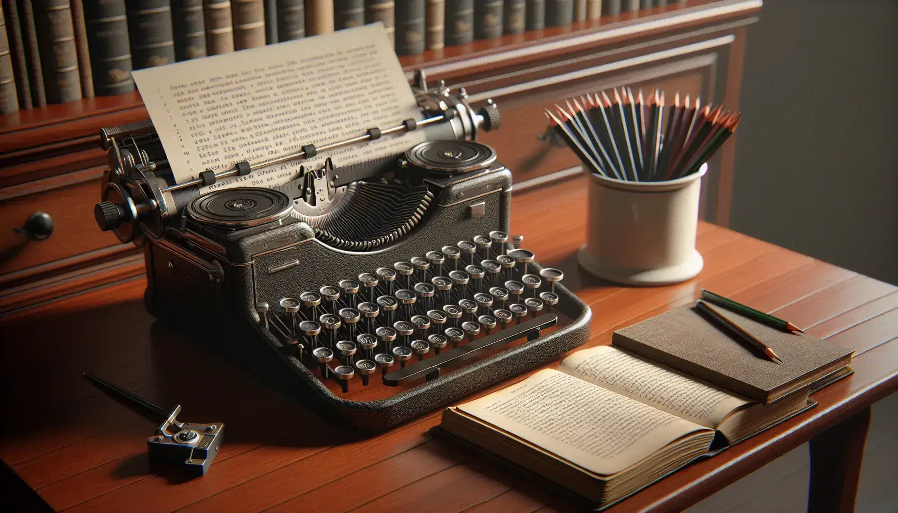 Vintage typewriter with round black keys on a polished mahogany desk, beside an open book and a cup of assorted writing utensils, with blurred bookshelves in the background.