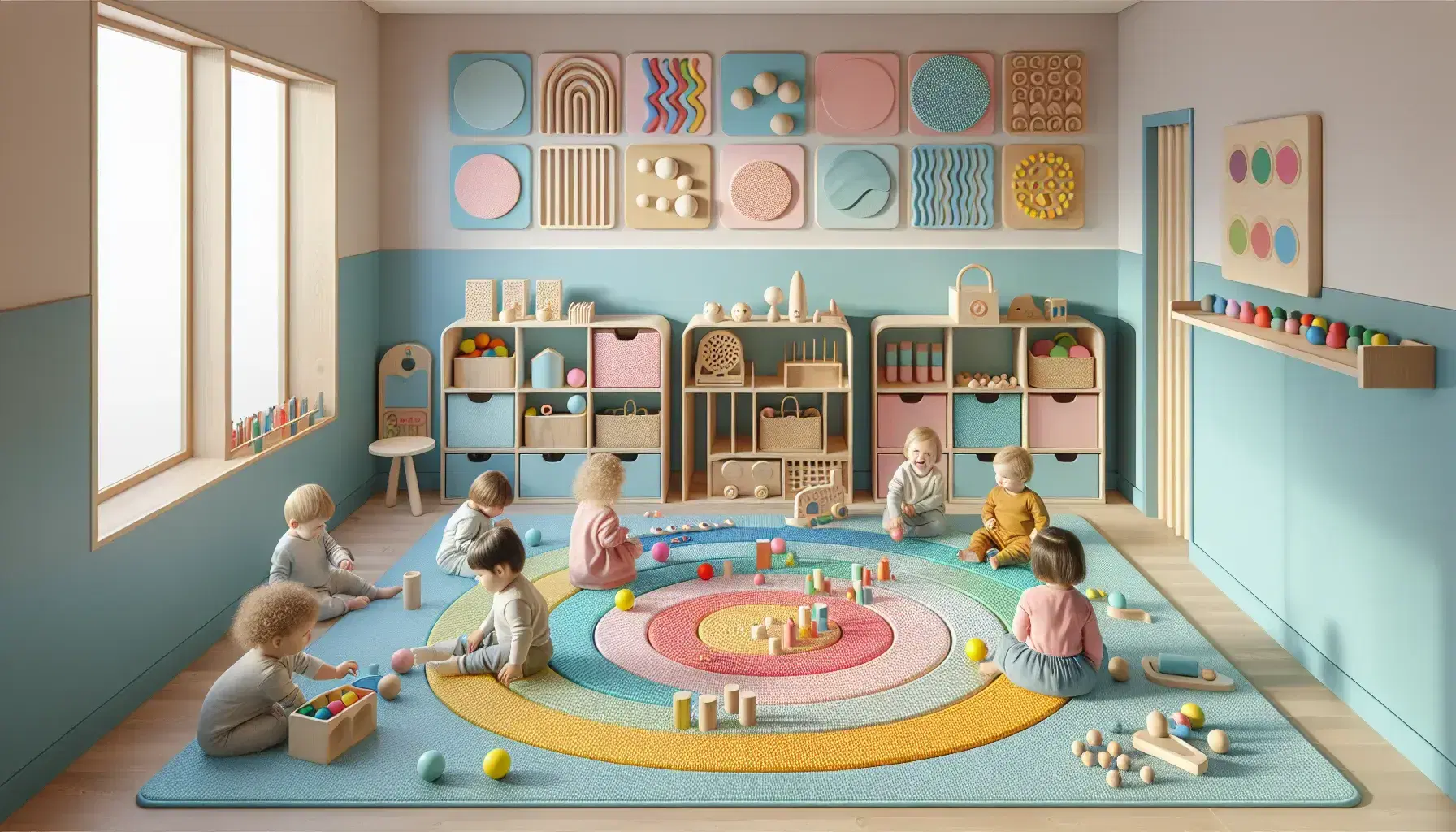 Ambiente colorido y seguro para niños pequeños con alfombra de texturas, juguetes educativos, estantería organizada y espejos a su altura en una sala iluminada naturalmente.