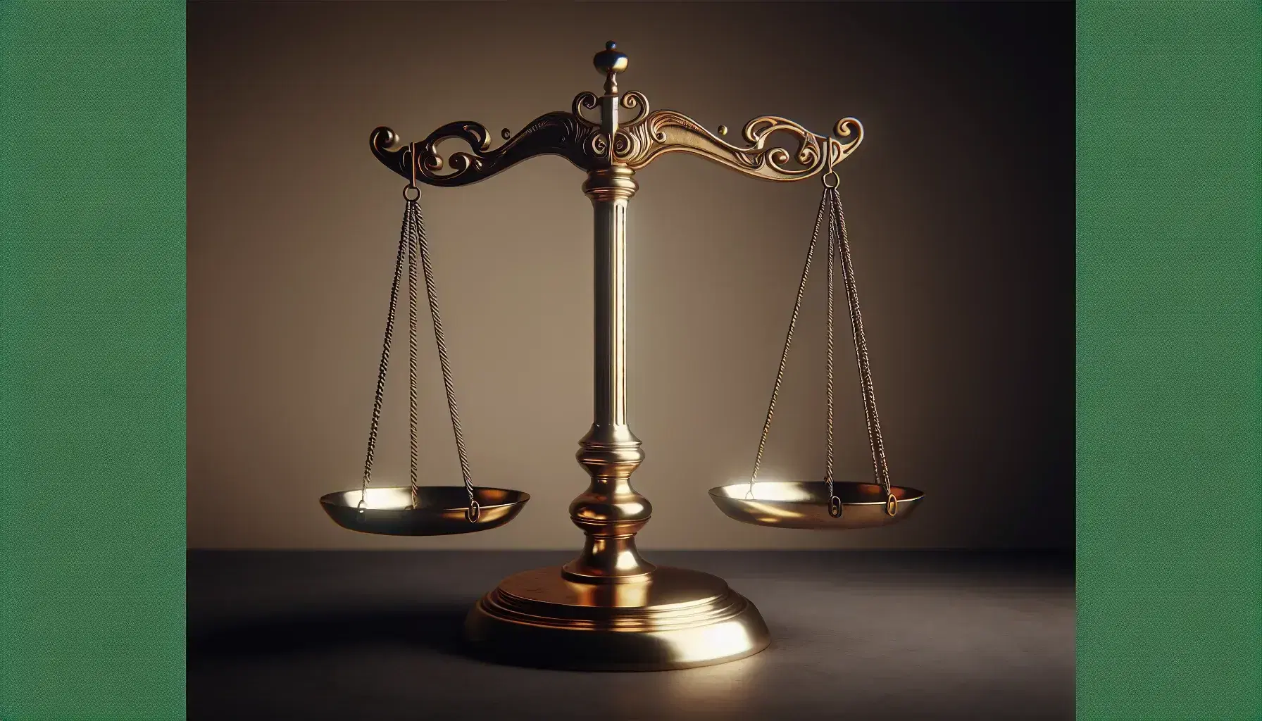 Balanza de justicia clásica en equilibrio, de metal brillante sobre superficie oscura y fondo neutro, sin inscripciones visibles.