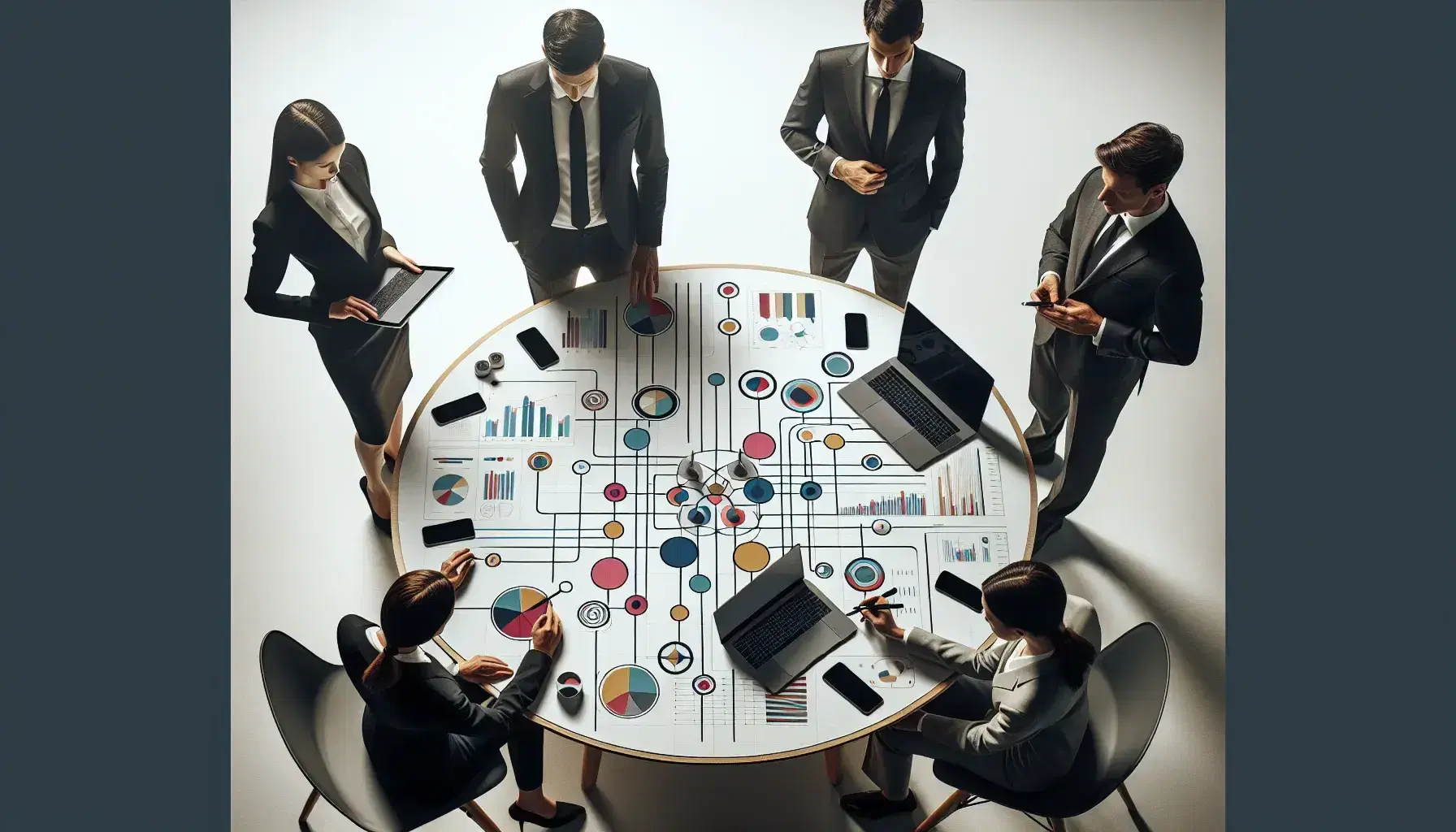 Grupo de cinco profesionales colaborando en una oficina con dispositivos electrónicos y un diagrama de flujo colorido sobre la mesa.