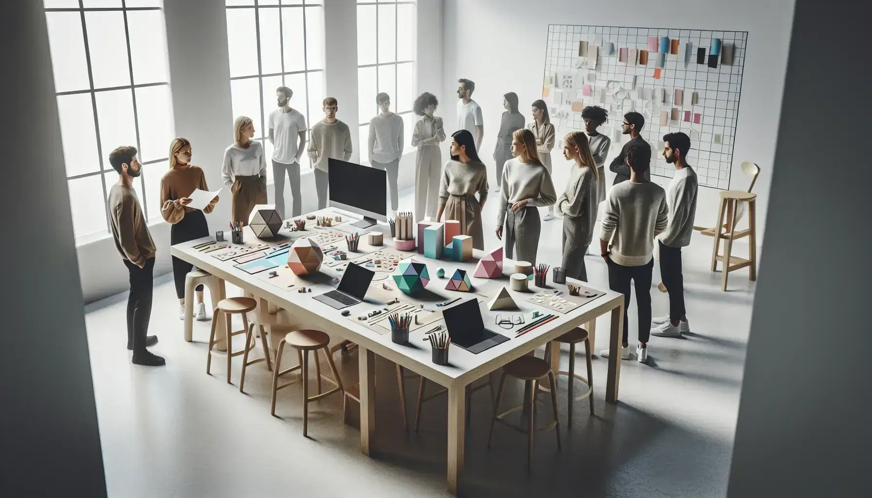 Grupo diverso de profesionales colaborando en una oficina iluminada con mesa de trabajo, laptops, papeles de colores y figuras geométricas.