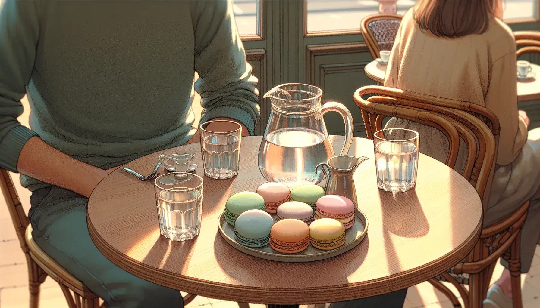 Cozy French café scene with a polished wooden table, glass cups, a water pitcher, colorful macarons, and two people engaged in conversation.
