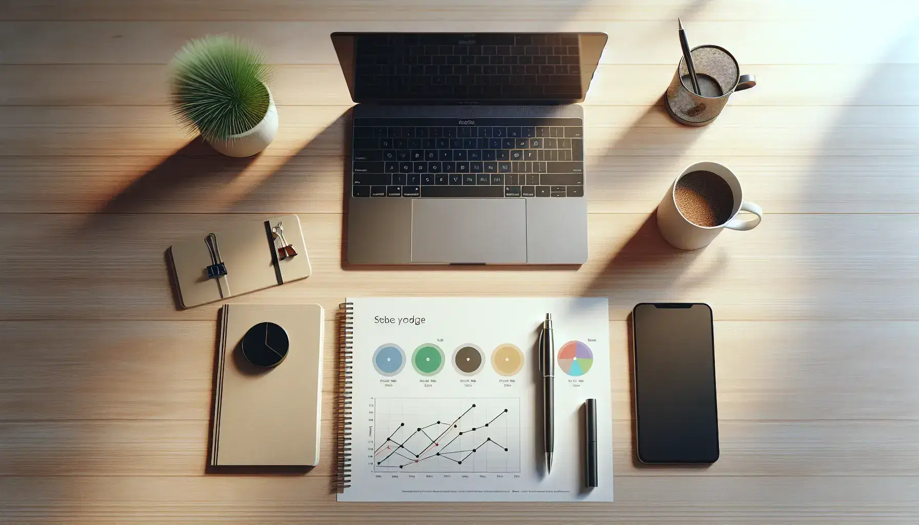 Escritorio de oficina de madera clara con portátil abierto, smartphone, taza de café, bloc de notas con bolígrafo y gráficos circulares, junto a planta interior.