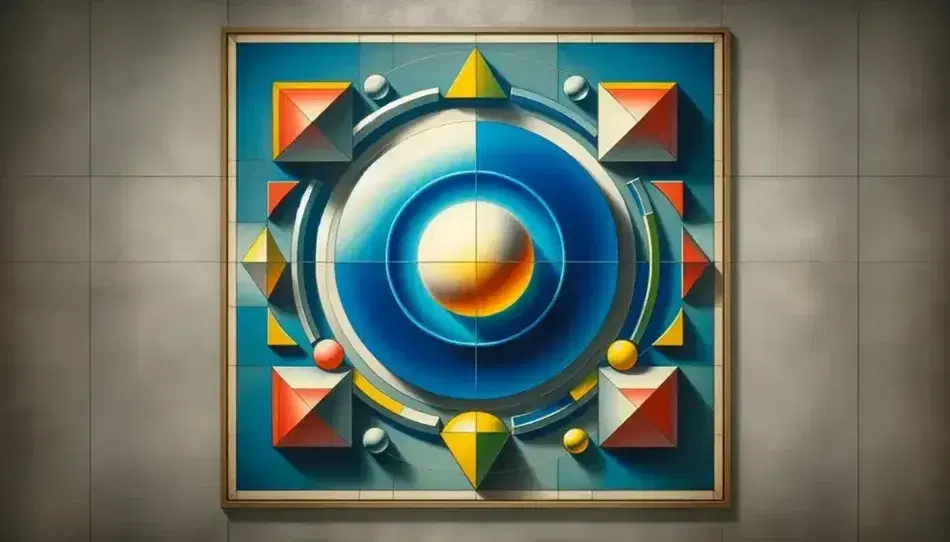 Composición artística con círculo azul central, triángulos rojos, cuadrados amarillos y rectángulos verdes sobre fondo gris claro.