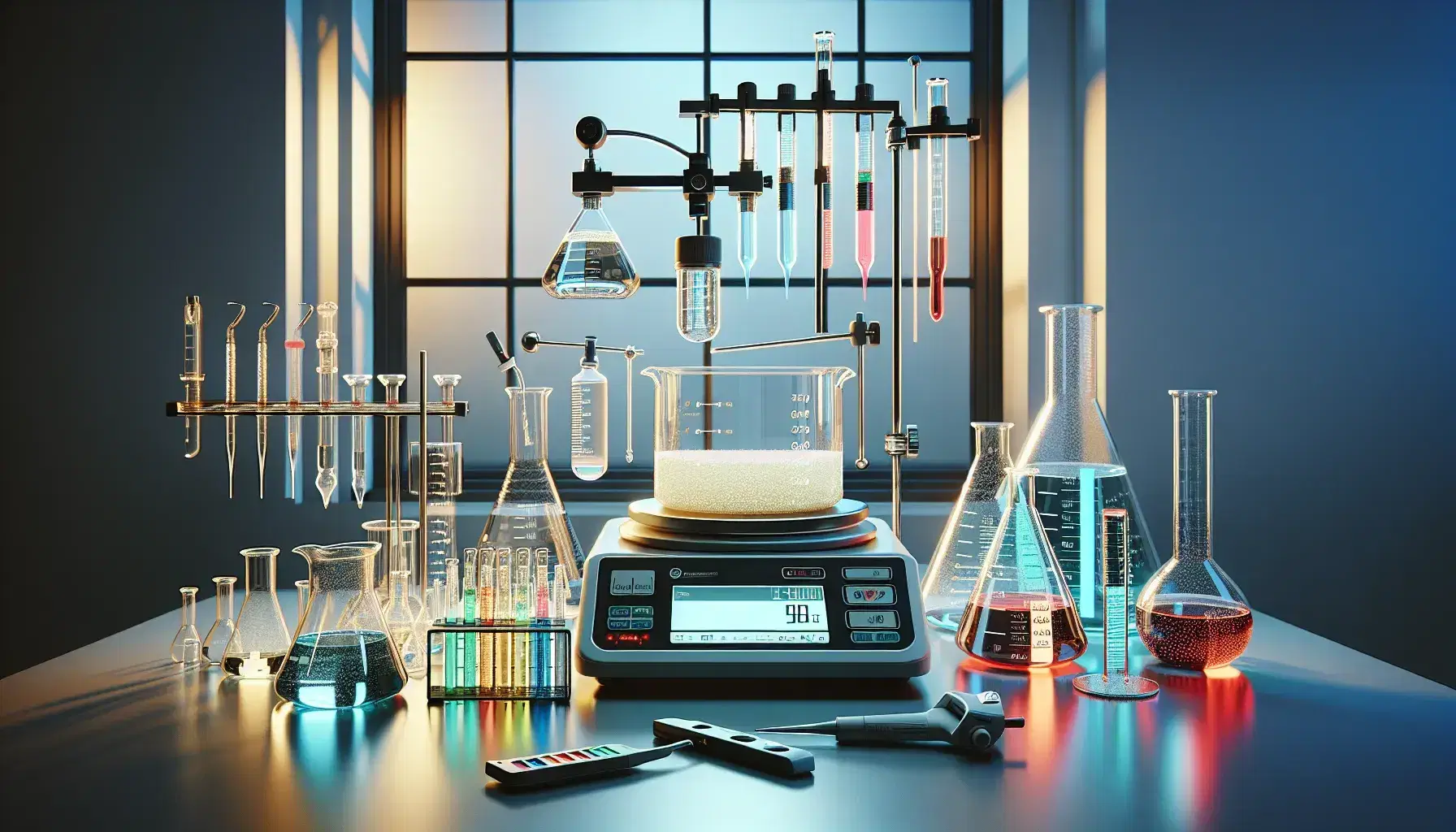 Banco laboratorio illuminato con bilancia analitica e sostanza bianca, becher con liquidi, cilindro graduato, buretta e pipette automatiche.