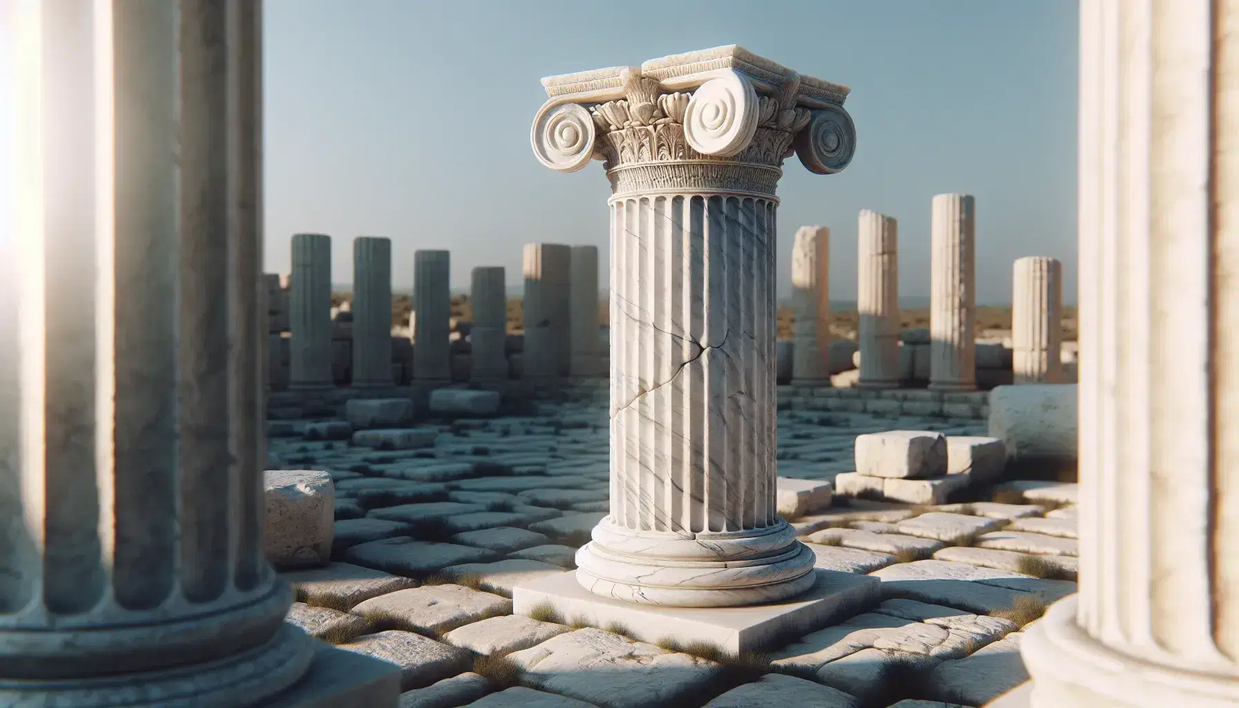 Ancient Greek marble column with intricate capital and fluted shaft against a clear blue sky, standing on a stone-paved ground with moss accents.