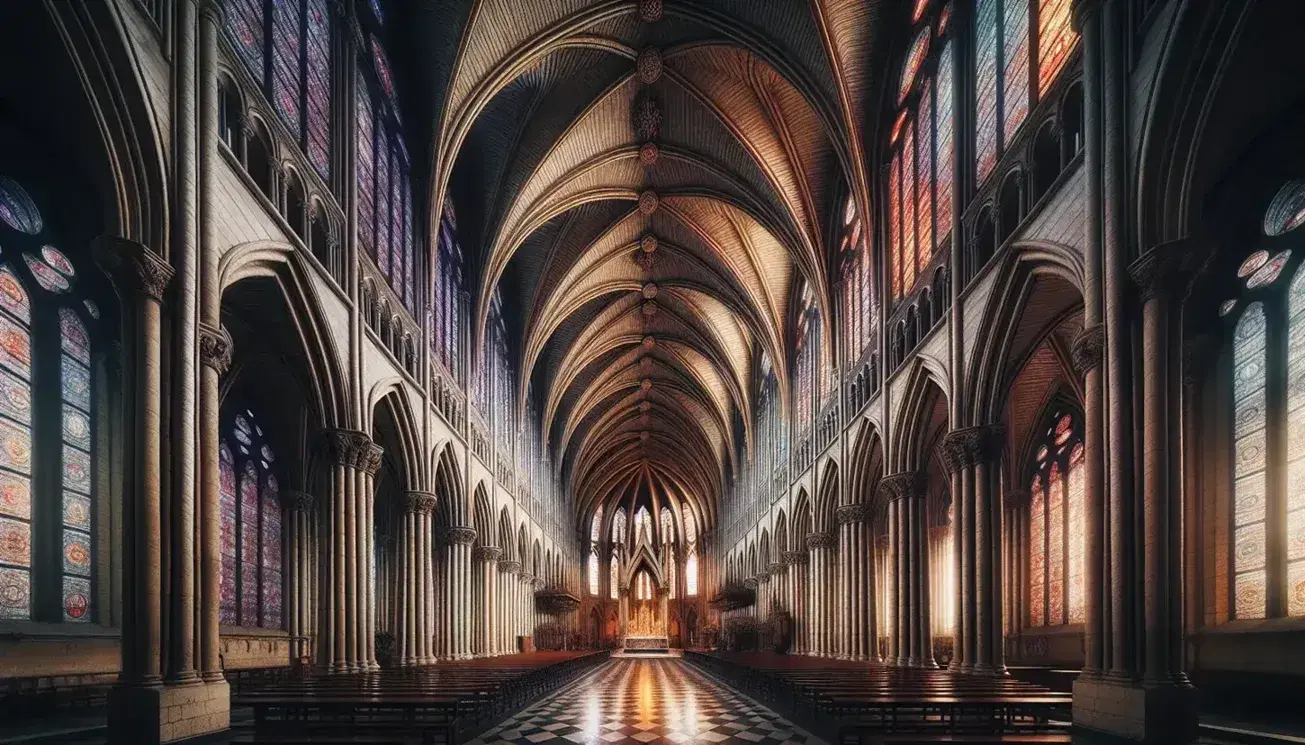 Interno di cattedrale gotica con volta a crociera, colonne snelle, vetrate policrome e altare in lontananza, senza persone.