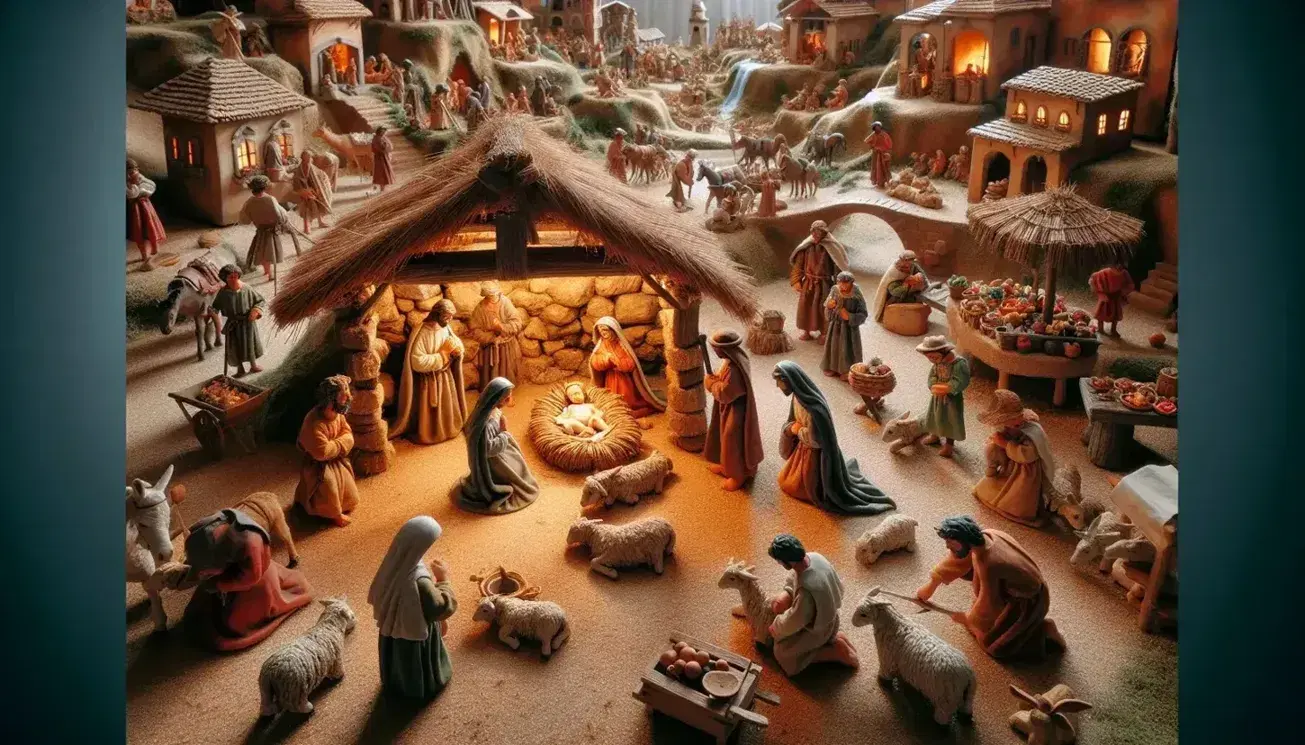 Presepe artigianale dettagliato con Sacra Famiglia in capanna, contadini, mercanti e animali in un paesaggio di villaggio storico.