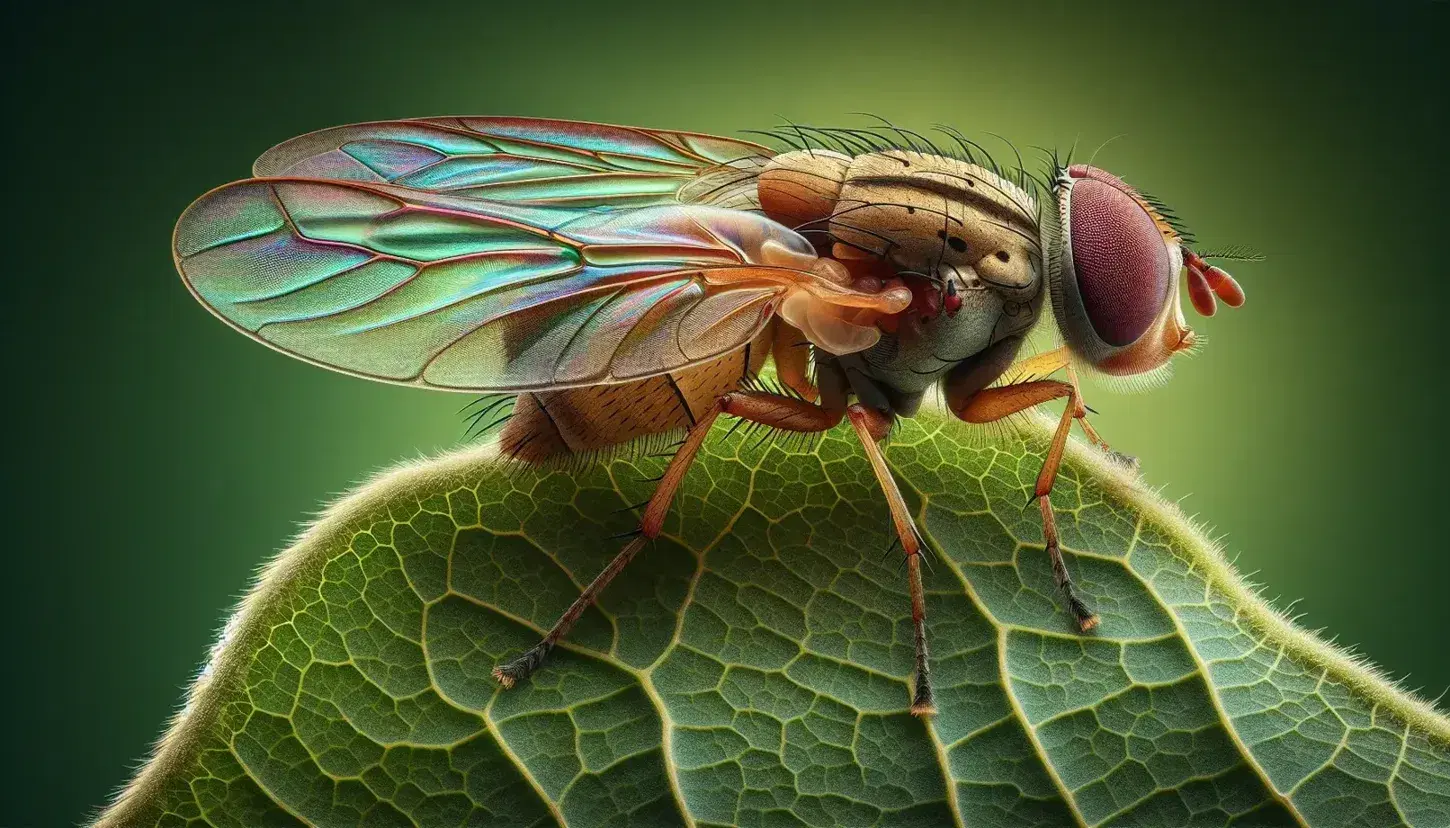 Close-up of a Drosophila melanogaster perched on a glossy green leaf, with detailed compound eyes and iridescent wings against a blurred green backdrop.