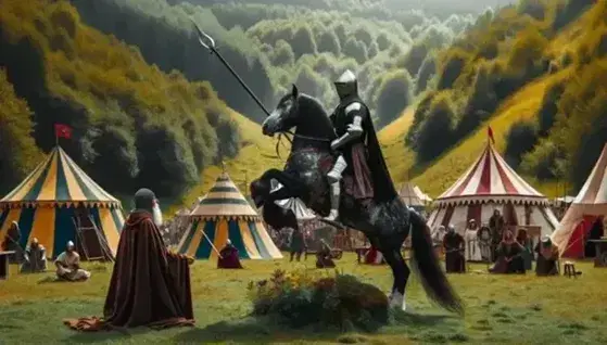 Cavaliere in armatura su cavallo grigio scuro in posa eretta con lancia durante torneo medievale, con tende colorate e eremita osservante.