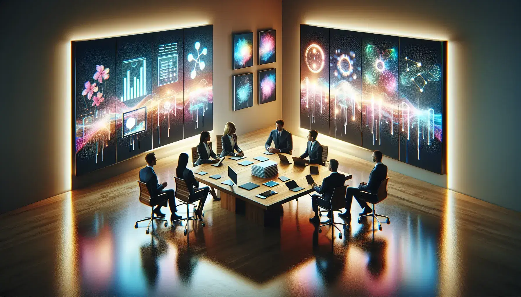 Rectangular wooden table with documents and electronic devices, four professionals in discussion, TV with abstract image on the wall.