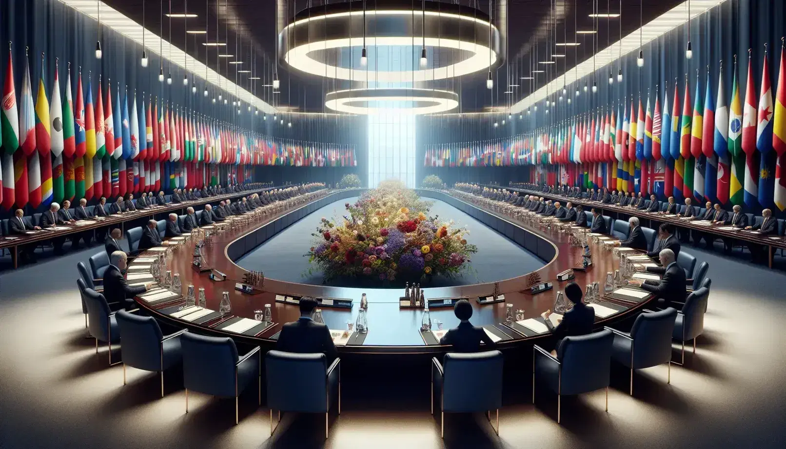 Sala de conferencias iluminada con mesa ovalada, sillas azules y personas en traje, banderas internacionales al fondo y arreglo floral en primer plano.