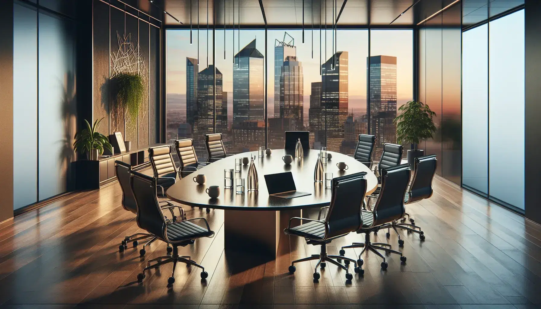 Modern boardroom with oval wooden table, ergonomic chairs, laptops, water bottles, coffee mugs, and cityscape view through panoramic window at twilight.