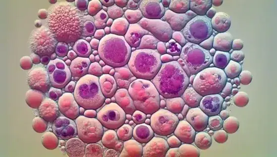 Microfotografia a colori di cellule eucariotiche in vitro con nuclei evidenziati in viola su substrato opaco.