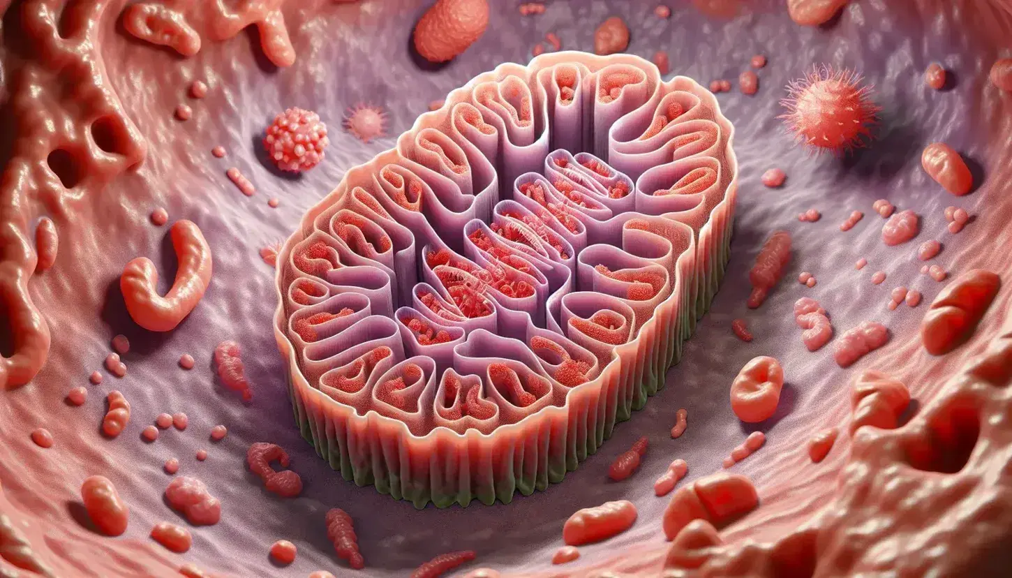 Detailed illustration of a mitochondrion with double membranes and cristae in a eukaryotic cell, highlighting the matrix and cellular environment.
