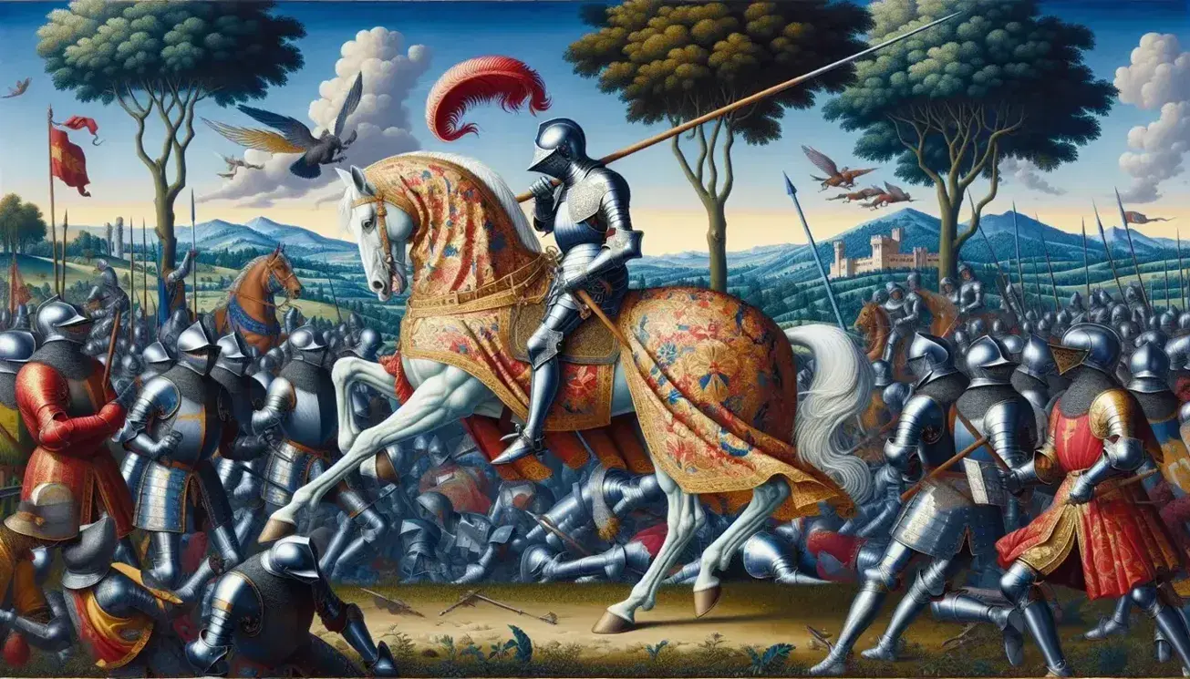 Cavaliere in armatura su cavallo bianco in battaglia rinascimentale, con mago e drago verde, sfondo di montagne azzurre e cielo sereno.
