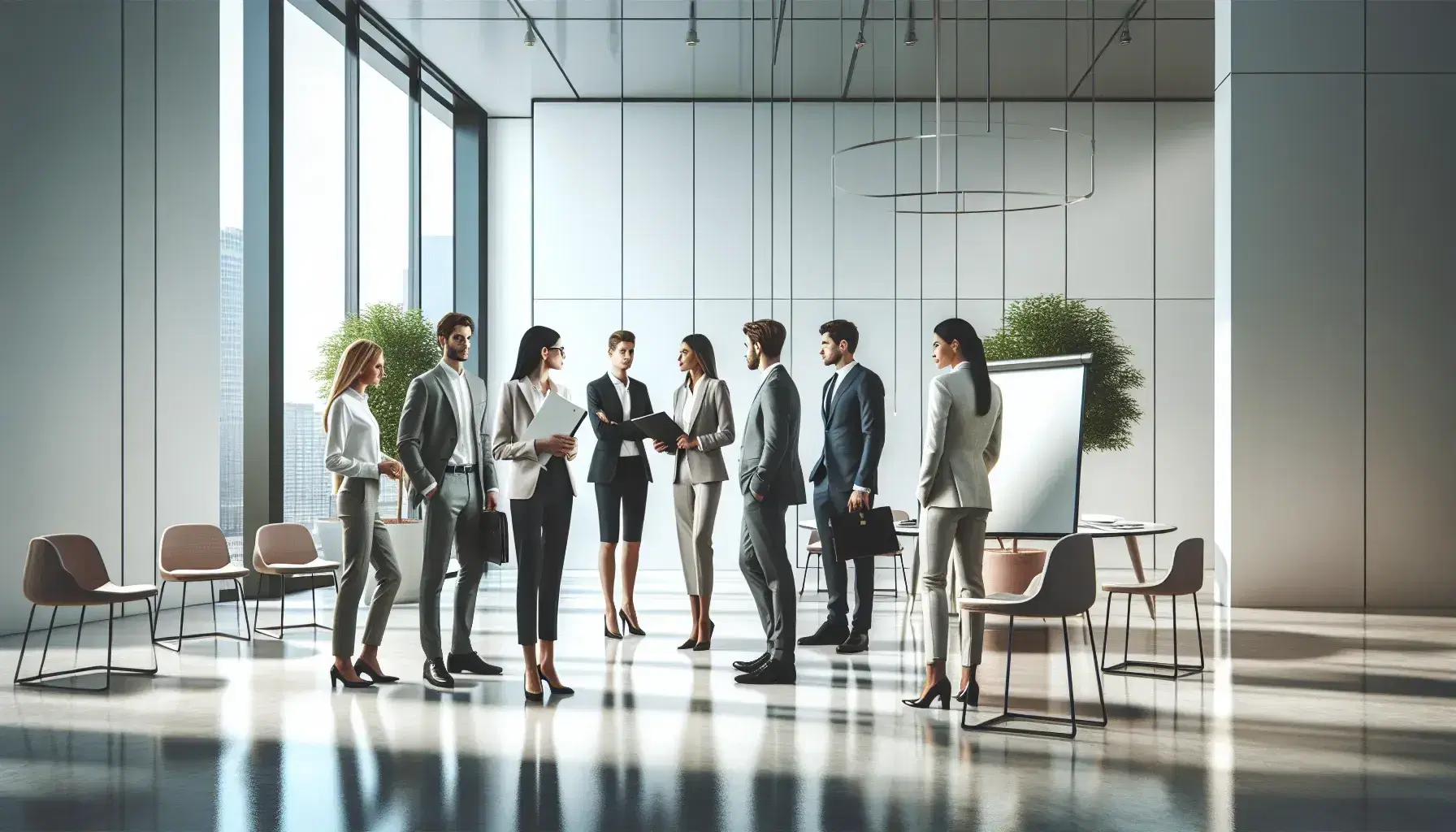 Grupo diverso de profesionales conversando en una oficina moderna con grandes ventanas y mobiliario contemporáneo.