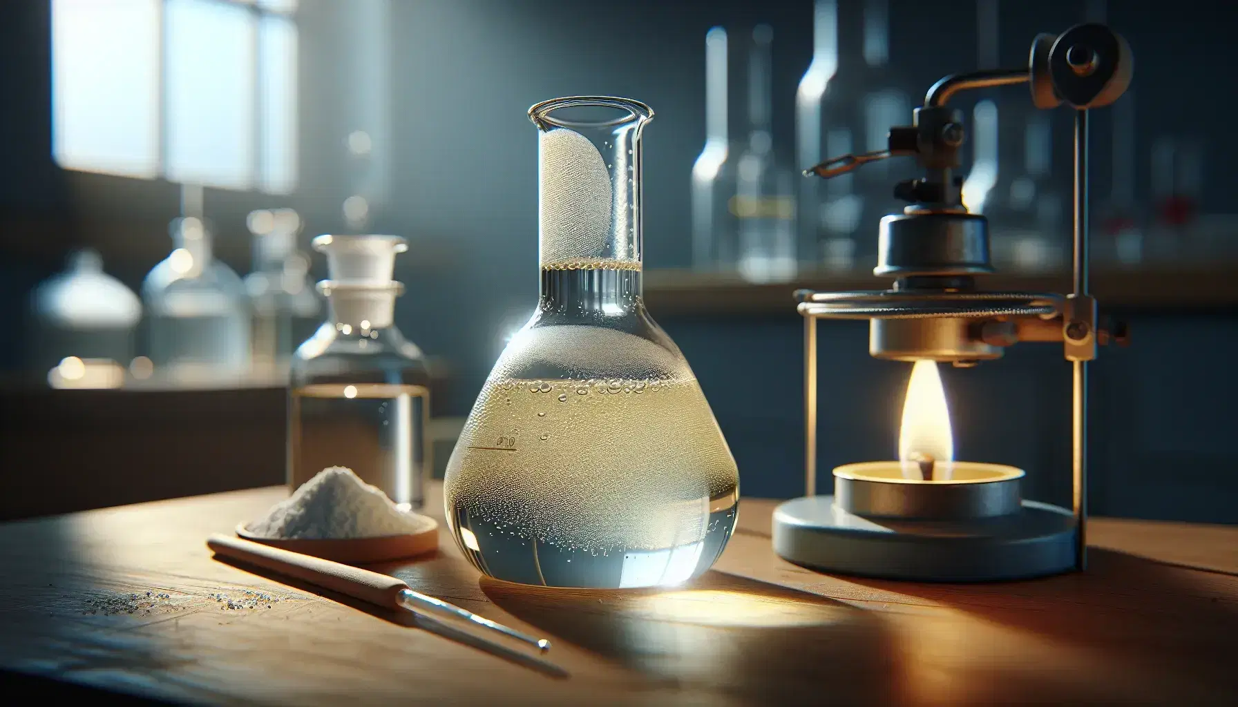 Glass flask on laboratory bench with pale yellow liquid and bubbles, stirring rod, lit Bunsen burner and white crystalline powder.