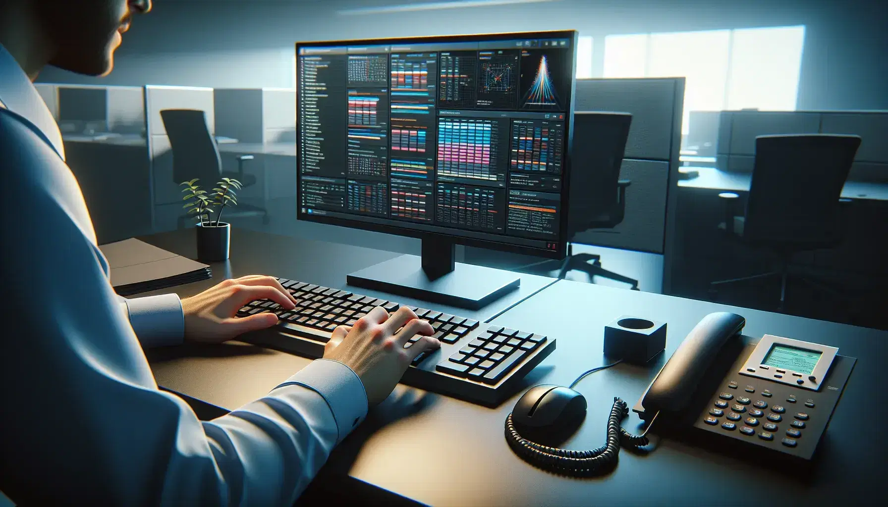 Manos sobre teclado de computadora en oficina con monitor, teléfono y cubículos al fondo, ambiente de trabajo corporativo.