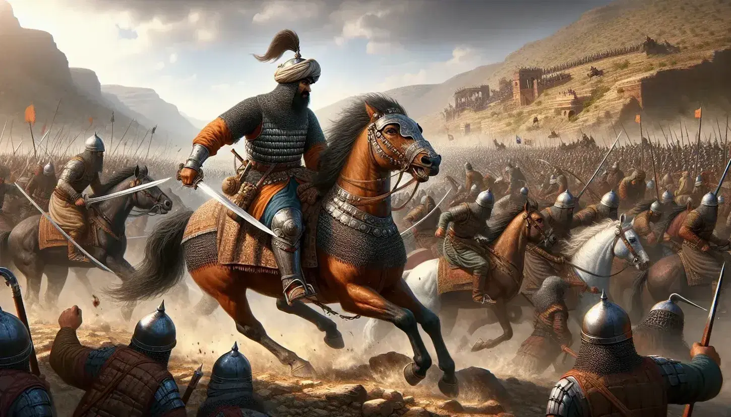 Rajput warrior in traditional armor on chestnut horse faces Mughal soldier with spear on gray steed amidst intense Battle of Haldighati.