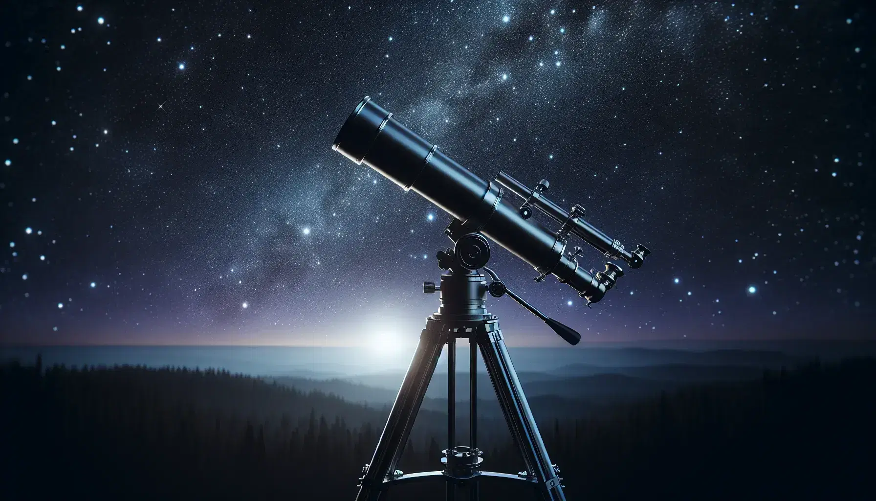 Refracting telescope on tripod aimed at a star-filled night sky with gradient hues from deep blue to purple, silhouetted trees in the background.