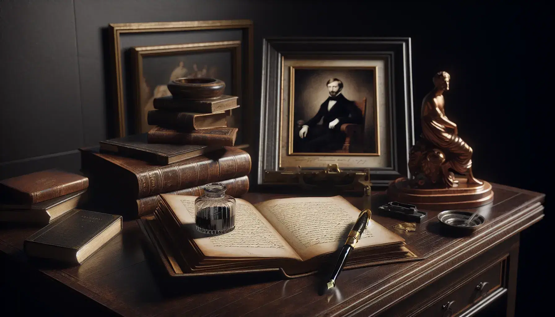 Scrivania in legno scuro con libro antico aperto, penna stilografica nera, calamaio, statuetta in bronzo e ritratto di Giosuè Carducci.